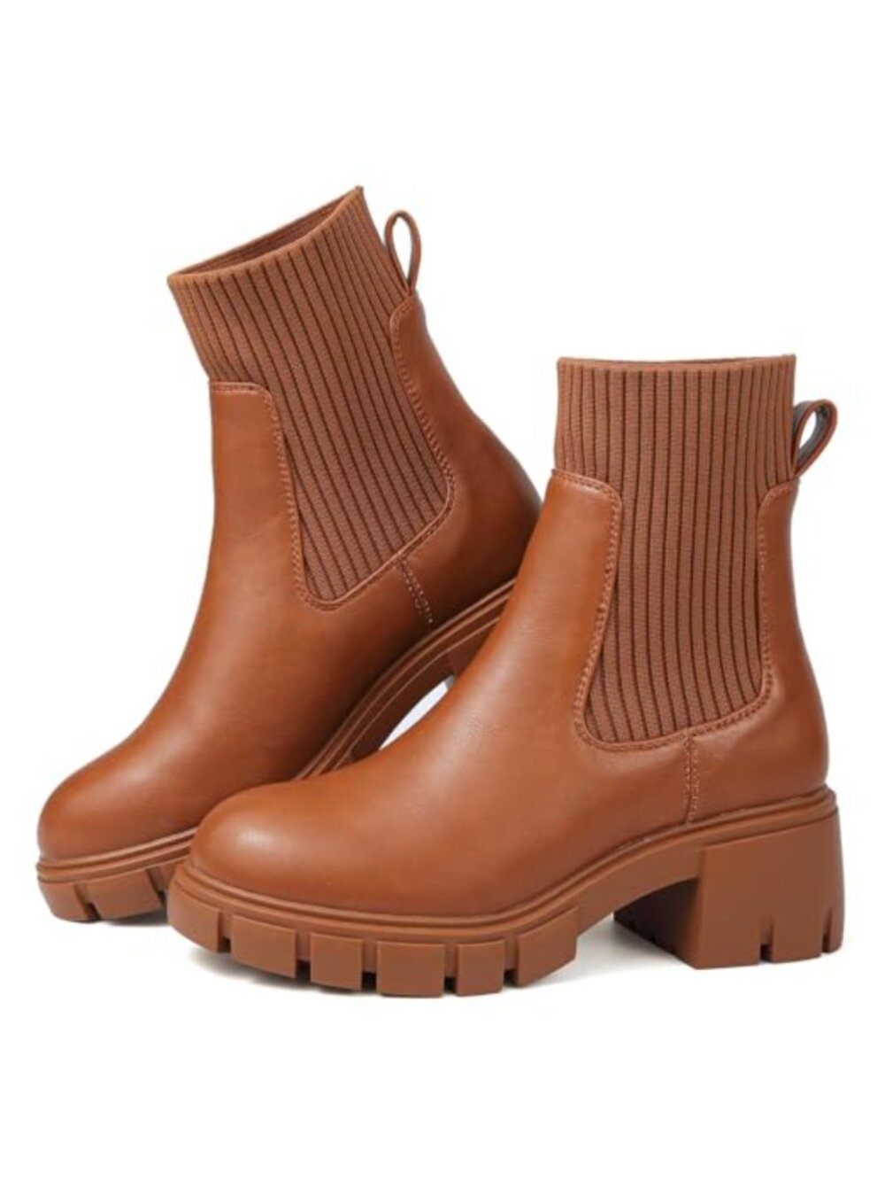 Women's Chelsea Boots Stretch Knit Chunky Heel Lug Sole Pull On Ankle Boots